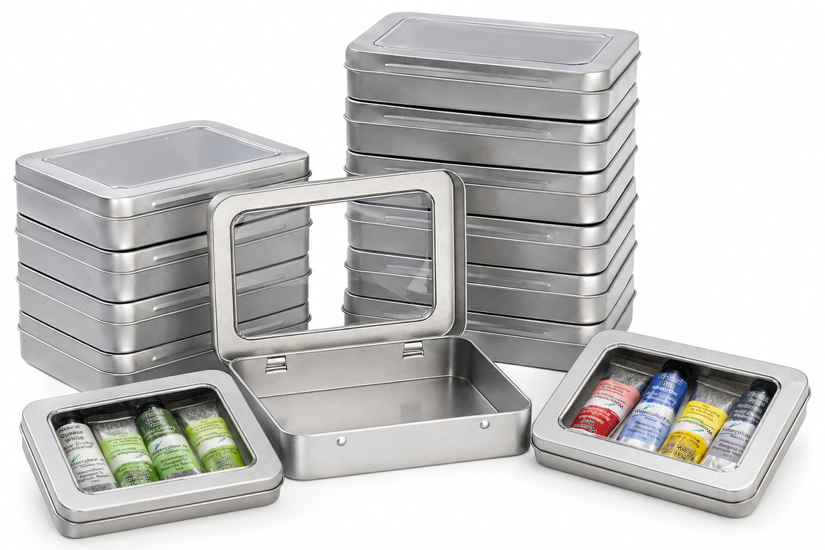 Set of 3 Empty Watercolour Paint Storage Tins, with Clear Lid. Each Tin Holds 5x 15ml