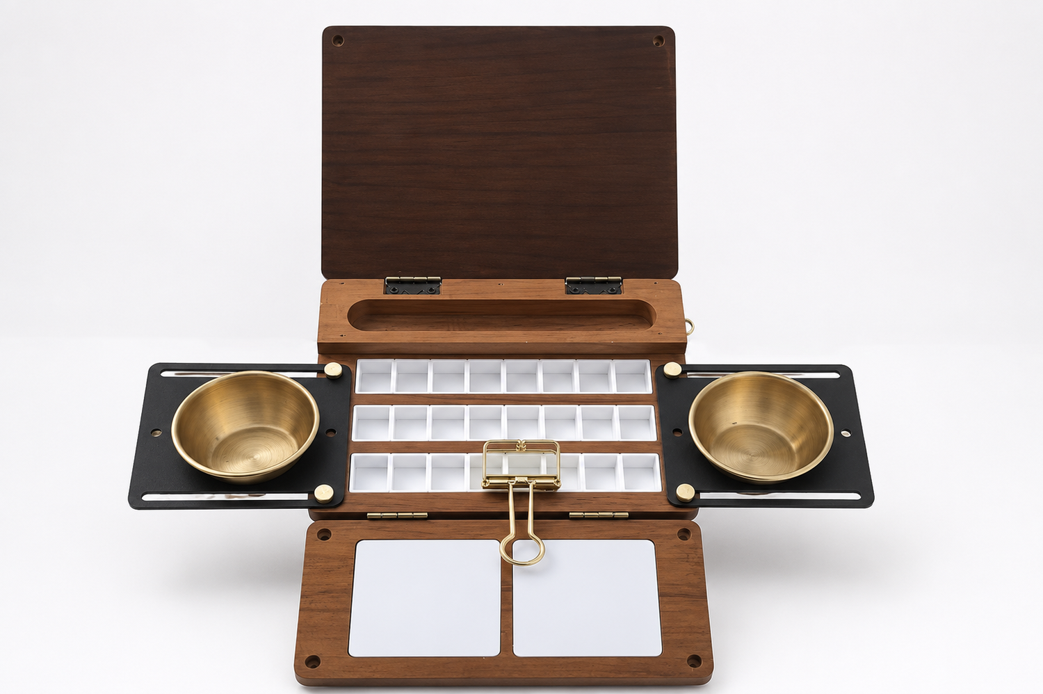 Limited Edition Wooden Prestige Watercolour.Tv Palette With Brass Water Pots & 24 Paint Areas