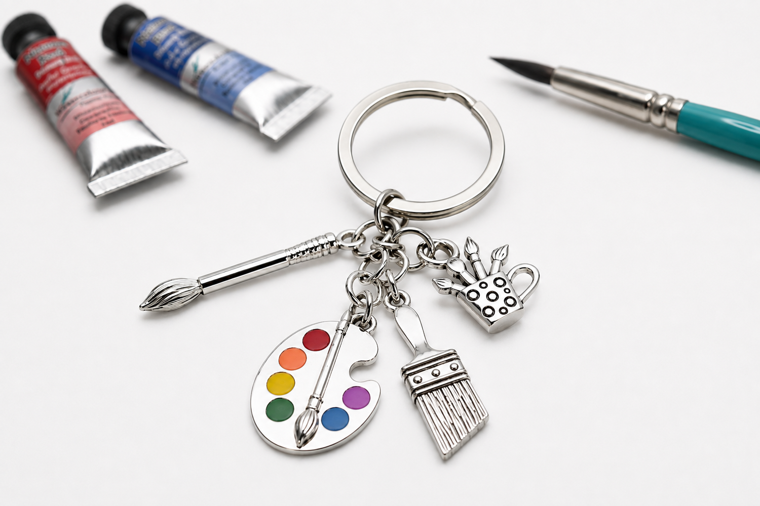 New COLLECTORS LIMITED EDITION – Premium Watercolour.Tv Chrome Metal Palette Key Chain & Fob. With Brushes & Brush Pot Charms