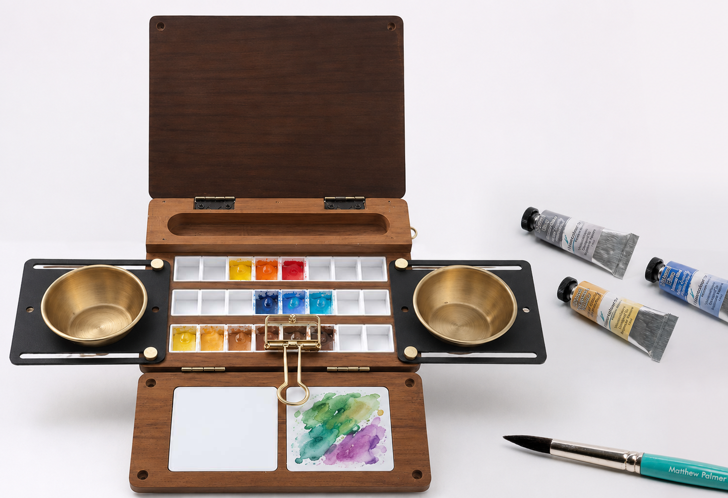 Limited Edition Deluxe, Wooden Prestige Watercolour Box with Palette, Brass Water Pots & 24 Paint Areas