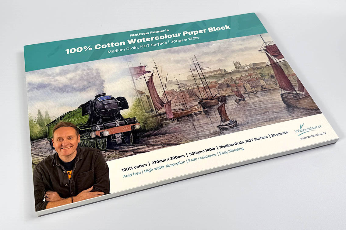 NEW & EXCLUSIVE – Matthew Palmer’s 100% Cotton Premium Watercolour Paper Block – 270mm x 390mm. 300gsm. NOT Surface. 20 Sheet BLOCK + FREE Video Lesson