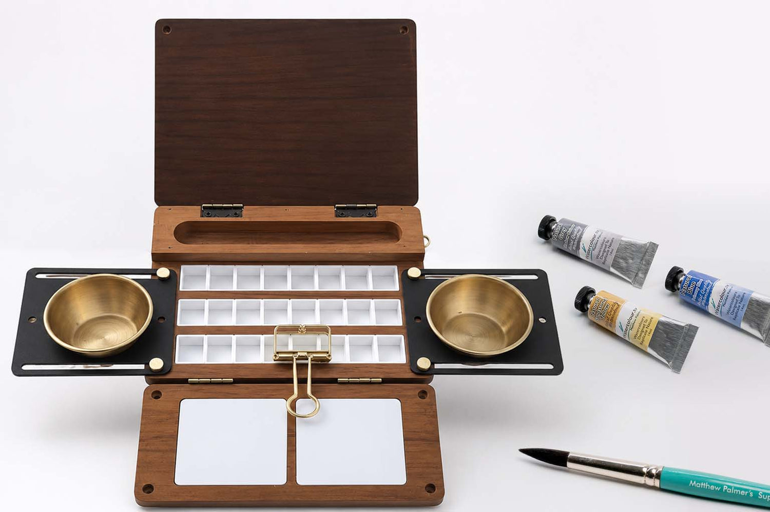 Limited Edition Wooden Prestige Watercolour.Tv Palette With Brass Water Pots & 24 Paint Areas